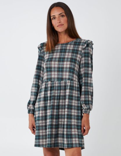 Frill Shoulder Check Smock Dress - S / GREEN