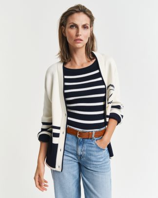 GANT Women Striped Rib Knit Off Shoulder Top (XXL)