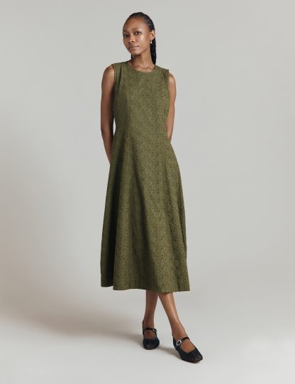 Ghost Women's Broderie Round Neck Midaxi Swing Dress - XS - Olive, Olive,Ivory