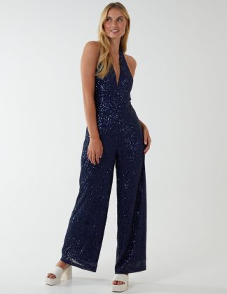 Halter Neck Plunge Jumpsuit - 12 / NAVY