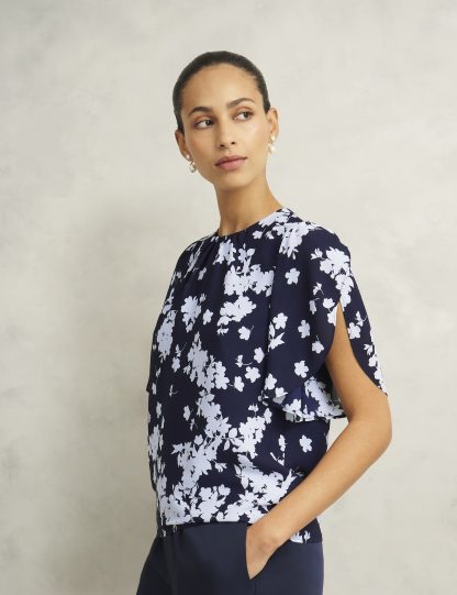 Hobbs Women's Chiffon Floral Crew Neck Top - 10 - Navy Mix, Navy Mix