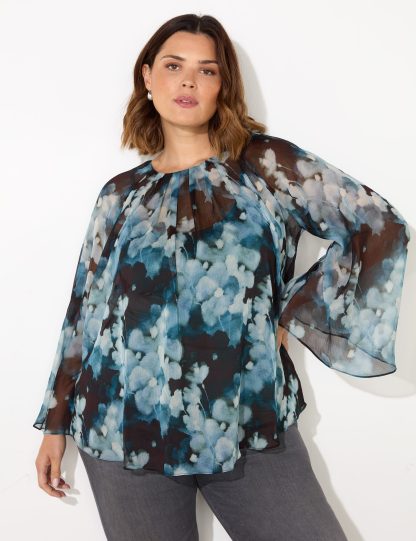 Live Unlimited London Women's Floral Pleated Top - 18 - Blue Mix, Blue Mix