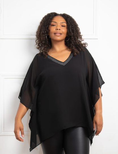 Live Unlimited London Women's Hanky Hem Chiffon Overlay Top - 22 - Black, Black