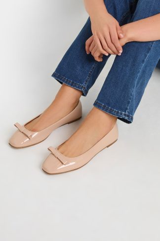 Lts Tall Nude Patent Bow Square Toe Flats In Standard Fit Standard > 13 Lts | Tall Women's Flats