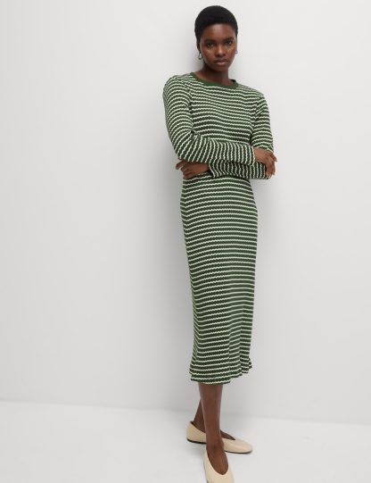 M&S Collection Women's Cotton Blend Striped Midi Skater Dress - 10REG - Green Mix, Green Mix,Ecru Mix