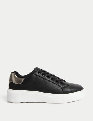 M&S Collection Women's Lace Up Platform Trainers - 5 - Black Mix, Black Mix,White,Black/Black