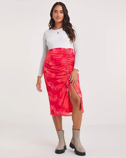 Mesh Overlay Ruched Side Midi Skirt