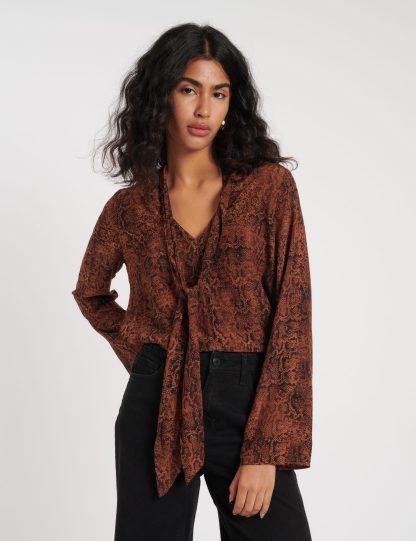 Nobody'S Child Women's Snake Print Scarf Neck Relaxed Blouse - 10 - Brown, Brown