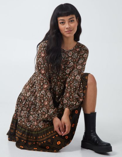 Paisley Long Sleeve Smock Dress - S / KHAKI