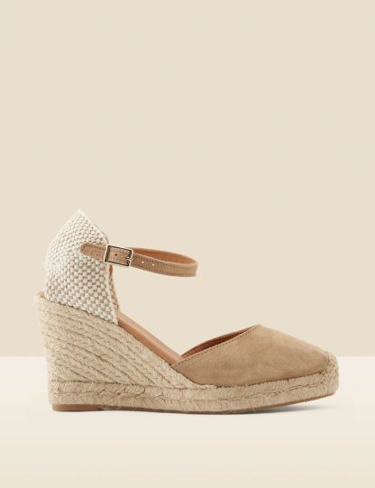 Sosandar Women's Suede Ankle Strap Wedge Espadrilles - 8 - Tan, Tan