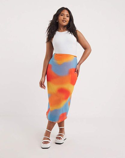 Tie Dye Mesh Overlay Midi Skirt