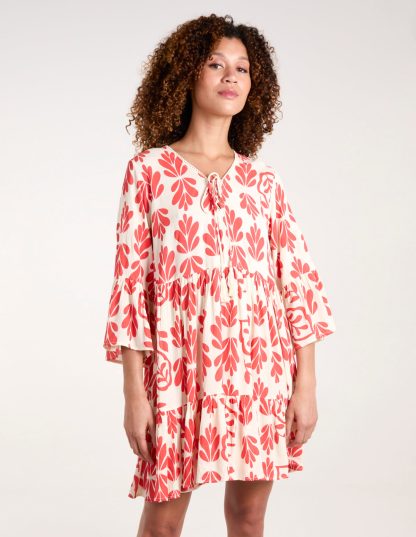 Tie Front Smock Dress - M / RED