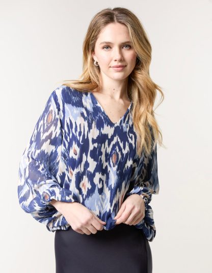 V Neck Water Colour Print Blouse - S/M / NAVY