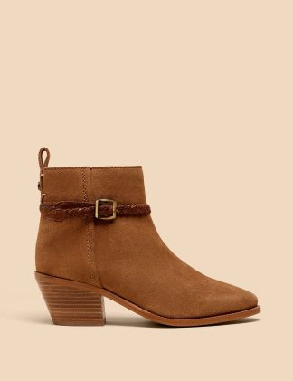 White Stuff Women's Suede Buckle Block Heel Ankle Boots - 8 - Tan, Tan