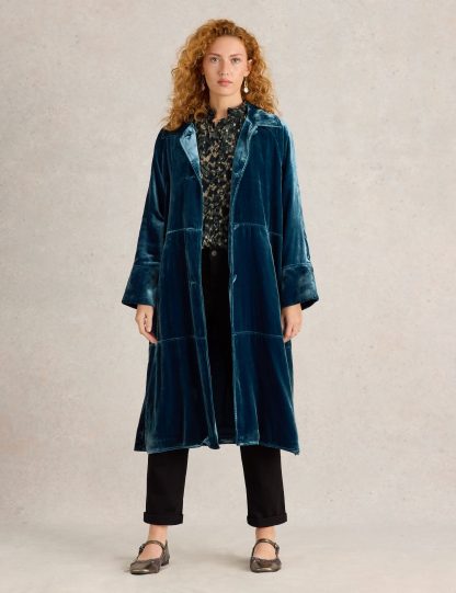 White Stuff Women's Velvet Relaxed Collared Longline Duster Coat - M - Teal, Teal