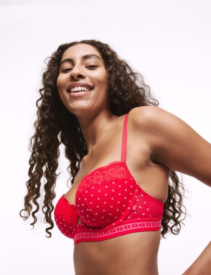 B By Boutique Women's Alma Flock & Lace Wired Balcony Bra (A-E) - 34B - Red Mix, Red Mix,Pink Mix