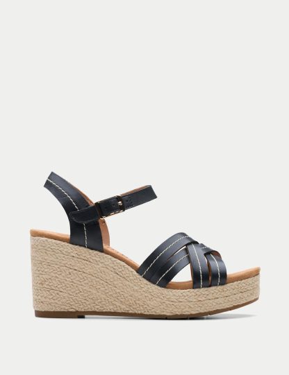 Clarks Women's Leather Strappy Wedge Espadrille Sandals - 6 - Black, Black,Gold