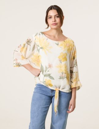 Floral Chiffon Batwing Blouse - S/M / LEMON