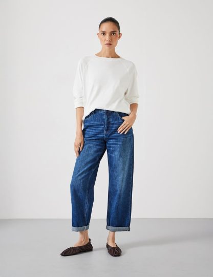 Hush Women's Boyfriend Mid Rise Cropped Turn Up Jeans - 12REG - Mid Blue, Mid Blue,Light Blue