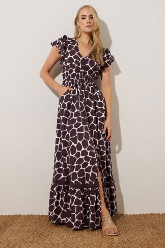 Lts Tall Dark Purple Giraffe Print Button Lace Insert Maxi Dress 24 Lts | Tall Women's Maxi Dresses
