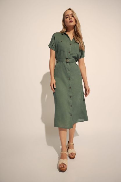 Lts Tall Khaki Green Linen Button Midi Dress 24 Lts | Tall Women's Midi Dresses