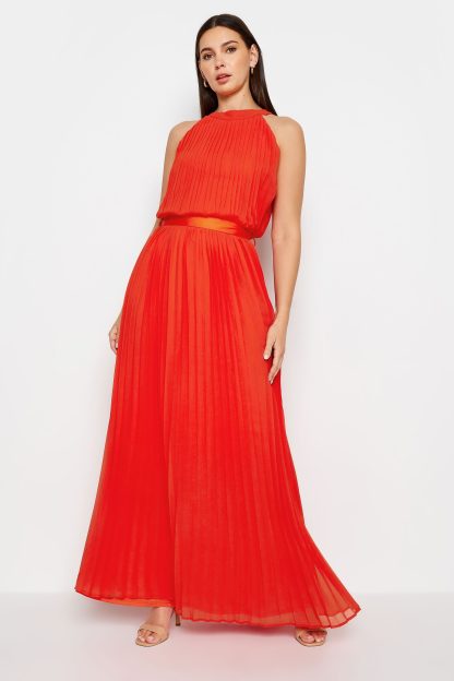 Lts Tall Orange Halterneck Pleated Maxi Dress 24 Lts | Tall Women's Maxi Dresses