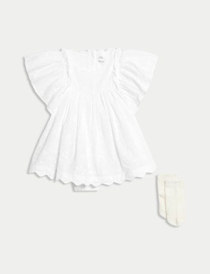 M&S Collection Girls 2pc Cotton Rich Broderie Dress Outfit (7lbs-1 Yrs) - 3-6 M - White Mix, White Mix