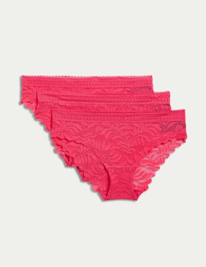 M&S Collection Women's 3pk Flexifit™ Lace Brazilian Knickers - 12 - Pink, Rose Quartz,Pink,Black,White