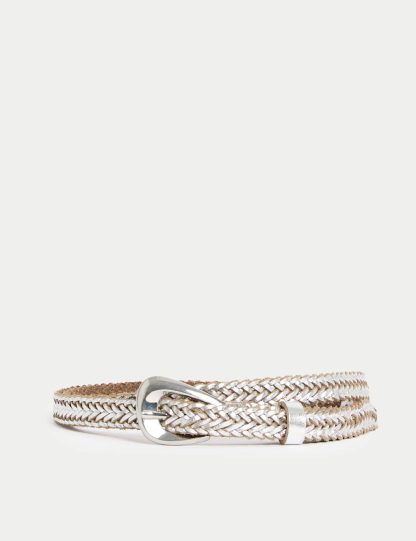 M&S Collection Women's Leather Woven Feature Buckle Skinny Jeans Belt - M - Silver, Tan,Silver,Cream