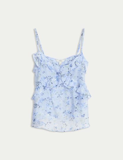 M&S Collection Women's Lyocell Rich V-Neck Floral Ruffle Cami Top - 14REG - Blue Mix, Blue Mix