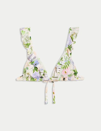 M&S Collection Women's Printed Ruffle Plunge Bikini Top - 10 - White Mix, White Mix