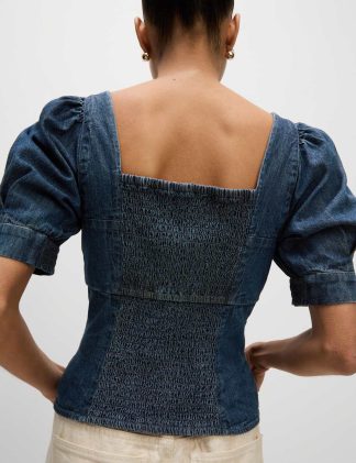 M&S Collection Women's Pure Cotton Denim Square Neck Corset Top - 18REG - Blue Denim, Blue Denim