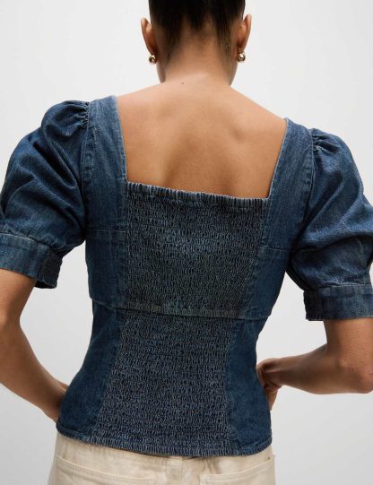 M&S Collection Women's Pure Cotton Denim Square Neck Corset Top - 18REG - Blue Denim, Blue Denim