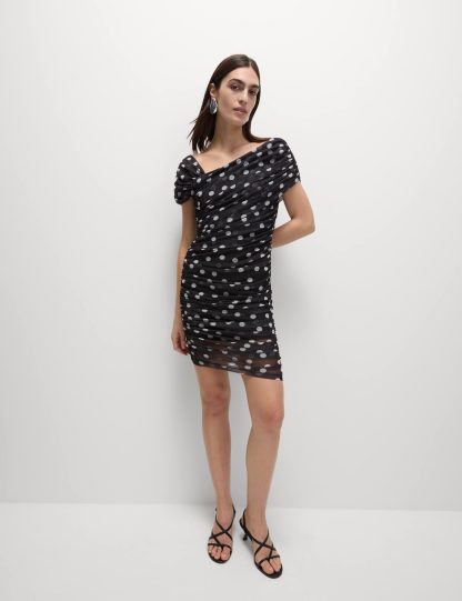 M&S Collection Women's Spot Print Ruched Mini Bodycon Dress - 12REG - Black Mix, Black Mix