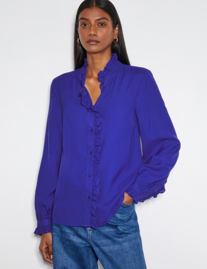 Monsoon Women's Collared Ruffle Blouse - 8 - Dark Blue, Pink,Dark Blue