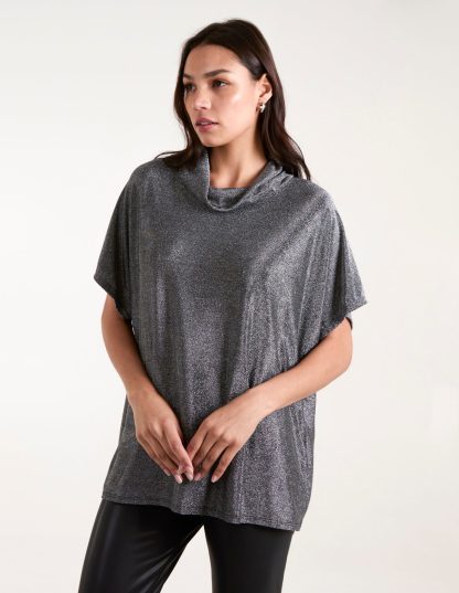 Roll Neck Oversize Lurex Top - ONE / BLACK/SILVER