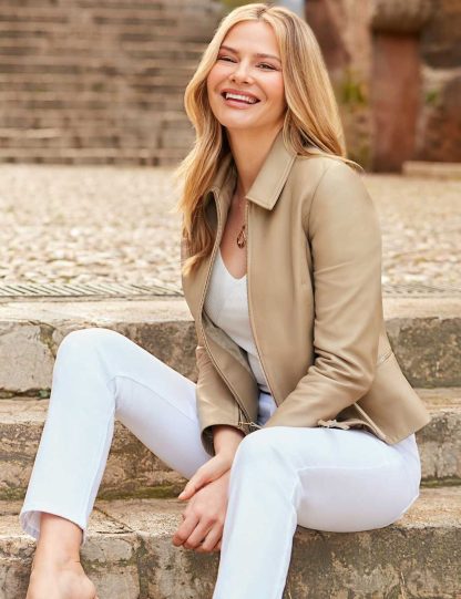 Sosandar Women's Leather Collared Zip Detail Bomber Jacket - 12 - Beige, Beige