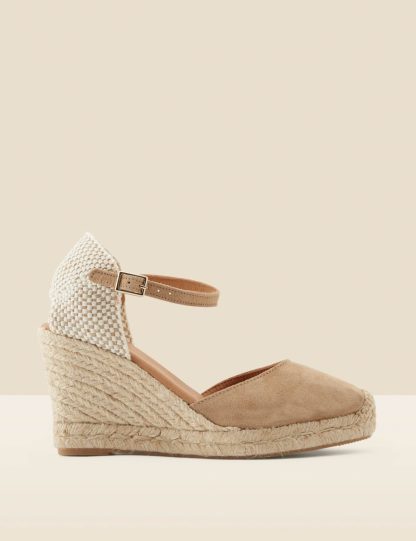 Sosandar Women's Suede Ankle Strap Wedge Espadrilles - 7 - Tan, Tan