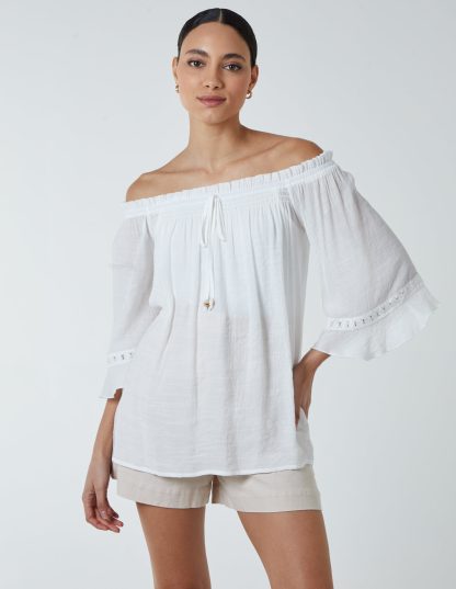 Tie Front Bardot Top - S / IVORY