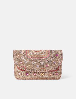 Accessorize Women's Cotton Rich Embellished Envelope Clutch Bag - Light Pink Mix, Light Pink Mix