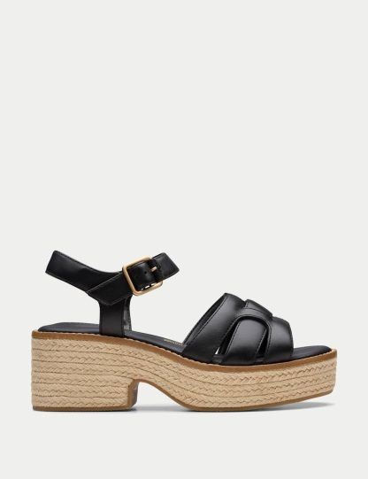 Clarks Women's Leather Wedge Heel Espadrille Sandals - 5.5 - Black, Tan,Black