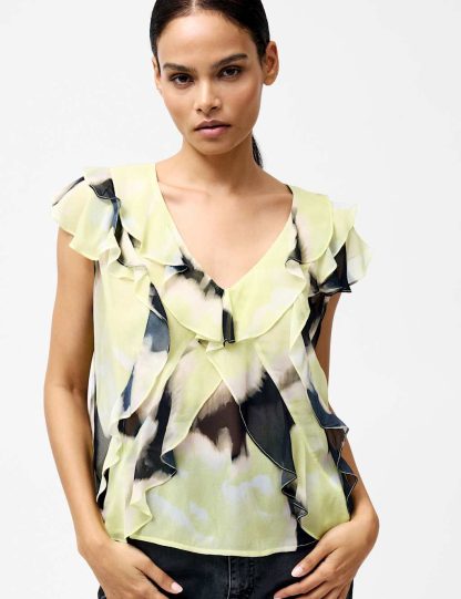 French Connection Women's Chiffon Printed V-Neck Ruffle Top - 10 - Green, Green