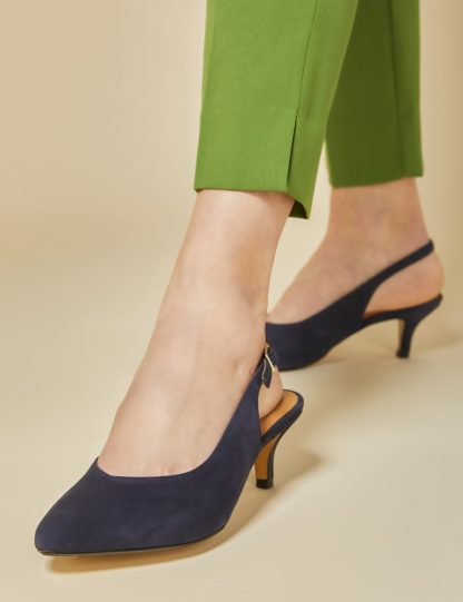 Jones Bootmaker Women's Leather Kitten Heel Pointed Slingback Shoes - 7 - Navy, Navy