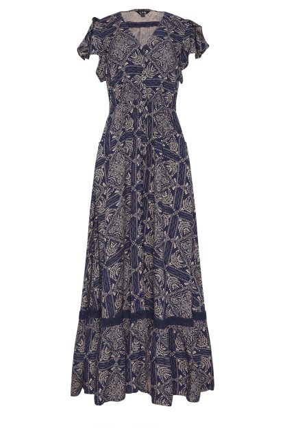 Lts Tall Navy Blue Tile Print Button Lace Insert Maxi Dress 24 Lts | Tall Women's Maxi Dresses