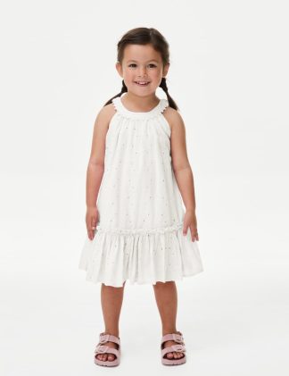 M&S Collection Girls Pure Cotton Broderie Dress (2-8 Yrs) - 6-7 Y - Ivory, Ivory,Pink