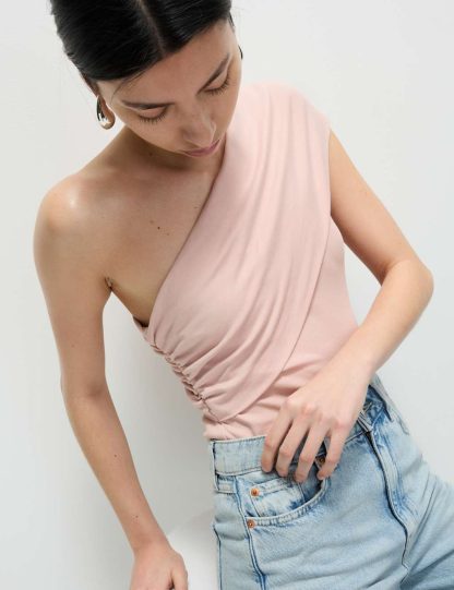 M&S Collection Women's Cotton Rich Textured Off The Shoulder Top - 12 - Pink Shell, Pink Shell