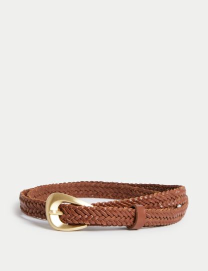 M&S Collection Women's Leather Woven Feature Buckle Skinny Jeans Belt - Tan, Tan,Silver,Cream