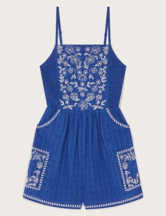 Monsoon Girls Pure Cotton Embroidered Playsuit (7-15 Yrs) - 11-12 - Blue Mix, Blue Mix