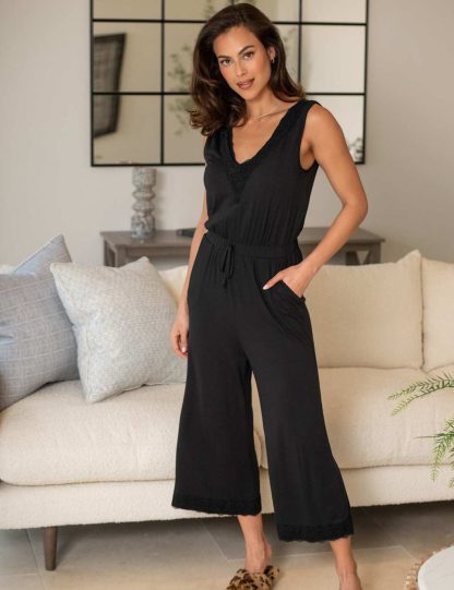 Pour Moi Women's Wide Leg Lace Trim Cropped Playsuit - 14 - Black, Black