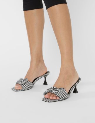 Soleil Black Gingham Bow Mule Square Toe Mid Heels